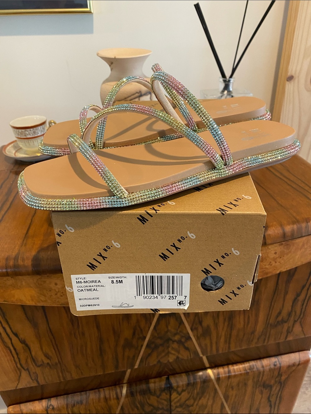 Mix No. 6 Oatmeal Sandals with Multicolor Crystal Straps, size 8.5